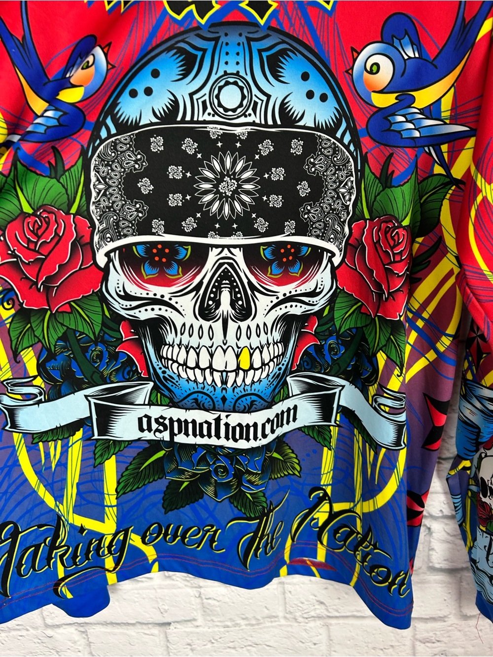 ASP Nation Skull Graphic Long Sleeve Shirt Red Blue Tattoo Style Size M - Picture 2 of 6